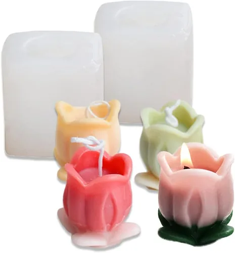 Cestony 2 moldes de silicona para velas de tulipán 3D con hojas, para hacer velas, pilar de resina, aromaterapia, yeso, cera, jabón, flores,