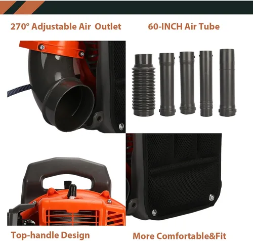 Miniatura 5 de Soplador de hojas de mochila, 52CC 550 CFM 2 tiempos motor soplador de hojas de gas, soplador de polvo de alta resistencia para exteriores de Naranja
