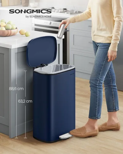 Miniatura 3 de SONGMICS Bote de basura de 13 galones (50 litros), cubo de basura de cocina de acero inoxidable, cubo de basura para reciclaje o basura, cierre Azul