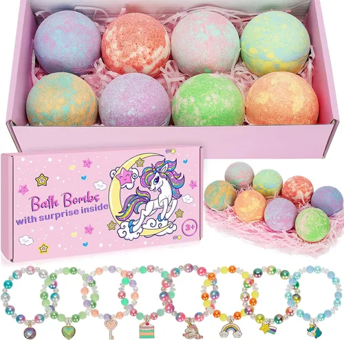 Bombas de baño de unicornio para niños y niñas con sorpresa en el interior, 8 piezas de bombas de baño de burbujas naturales de princesa con