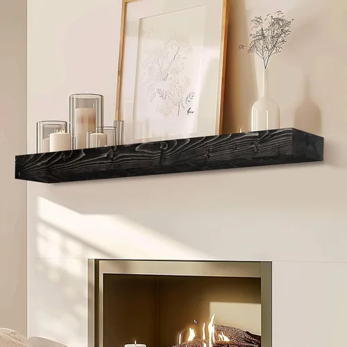 Miniatura 4 de Repisa de chimenea de 48 pulgadas, madera maciza rústica hecha a mano de 3 pulgadas de grosor, estante flotante largo de pared con soporte de metal