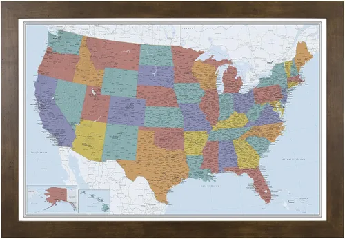 Miniatura 23 de Push Pin Travel Maps Lienzo personalizado Blue Oceans USA con marco gris de madera de granero