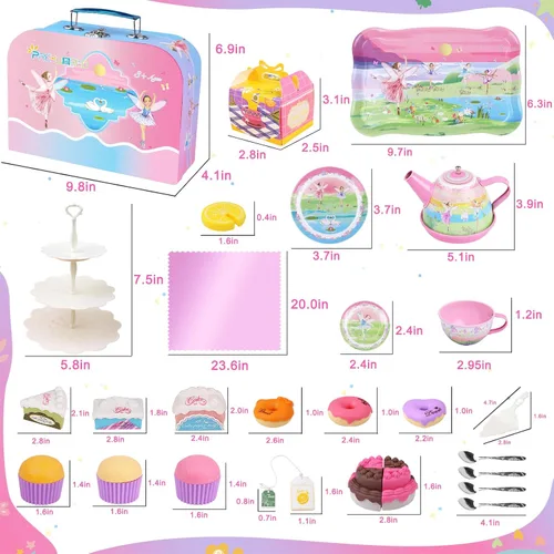 Miniatura 6 de PRE-WORLD - Juego de té para niñas pequeñas, 50 piezas de juguete de princesa para fiestas de té, incluye postre, galletas, dona, bandeja de tetera