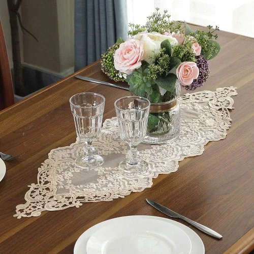 Miniatura 9 de ARTABLE Camino de mesa rectangular bordado de macramé de encaje con exquisito estilo vintage desgastado chic para mesas largas de cena de boda