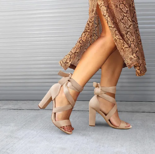 Miniatura 3 de Tacones de tiras para mujer Tacones gruesos Sandalias de tacón alto con cordones de moda Sandalias de tacón de bloque desnudo con cordones Sandalias