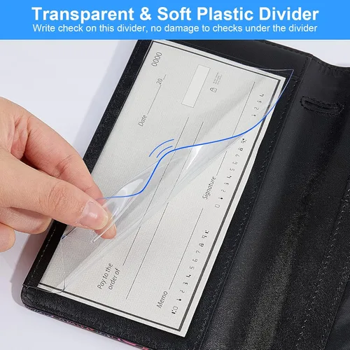 Miniatura 3 de Funda de chequera para chequera personal, funda de registro RFID con soporte para bolígrafo y divisor de plástico transparente integrado