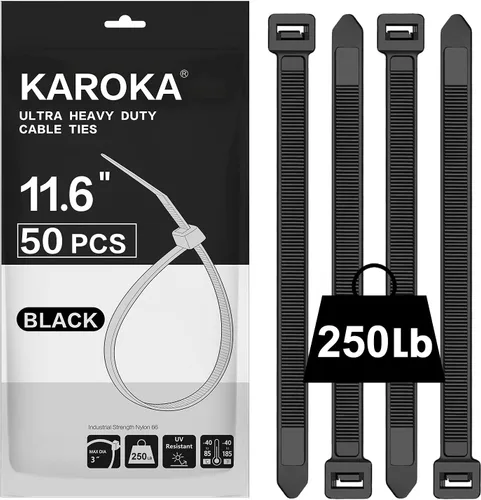 Miniatura 13 de Bridas de cremallera de 8 pulgadas resistentes con resistencia a la tracción de 120 libras, bridas negras para cables, 100 piezas Karoka