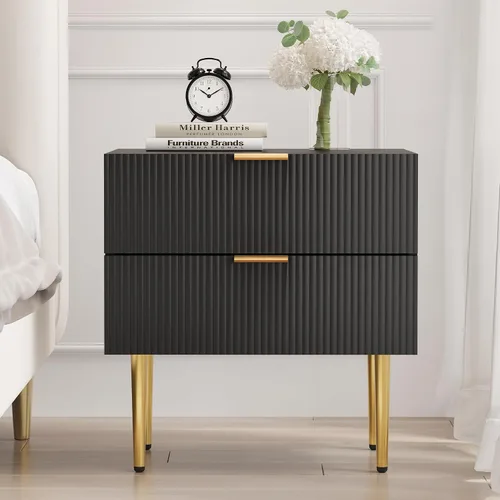 Miniatura 6 de Mesita de noche, mesita de noche negra y dorada con panel estriado, mesa de cabecera con 2 cajones, mesita de noche moderna grande de mediados