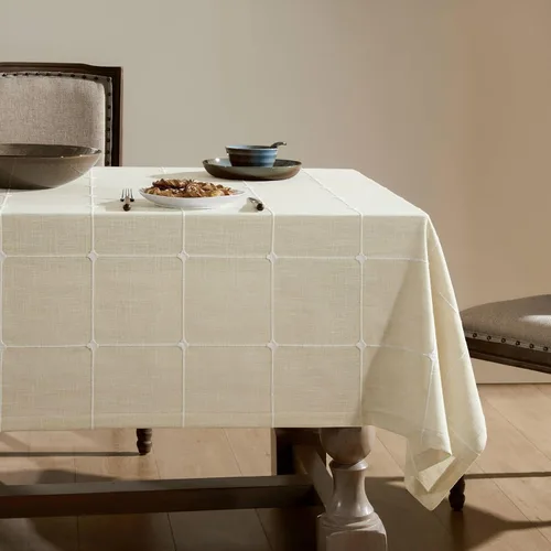 Miniatura 18 de ZeeMart - Mantel de mesa con diseño de cuadrícula boho y borlas (blanco roto, 132 cm x 132 cm), mantel de gran peso de lino a cuadros bordado
