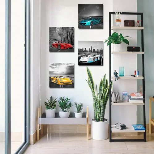 Miniatura 2 de Rtriel Imágenes de automóvil en blanco y negro, impresiones en lienzo de autos de carreras para hombres, adolescentes y niños, decoración de pared