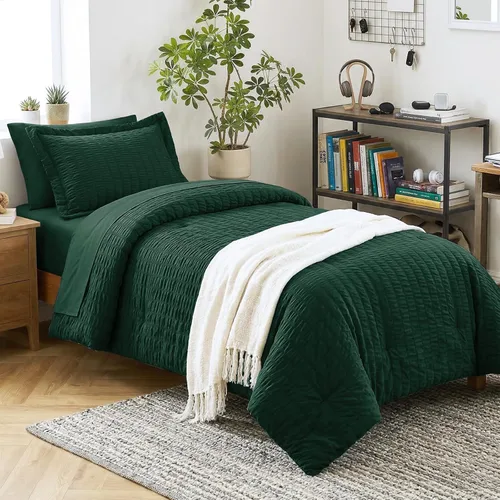Miniatura 56 de CozyLux Juego de ropa de cama con edredón tamaño King Beige Seersucker de 7 piezas, juego de cama en una bolsa, con edredón, sábanas, fundas
