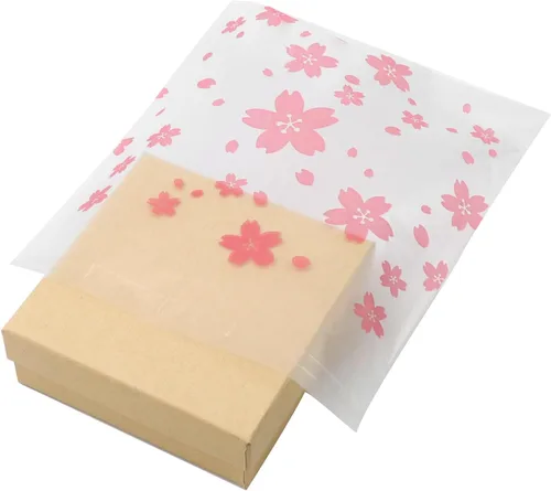 Miniatura 3 de Bitray 200 bolsas de dulces autosellantes de 5.5 x 5.5 pulgadas, patrón Sakura, autoadhesivas, bolsas de galletas rosas para regalo, bolsas