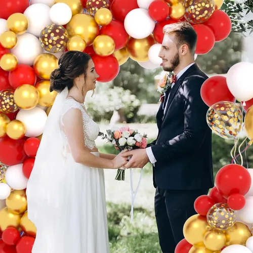 Miniatura 5 de Kit de arco de guirnalda de globos rojos y dorados, 122 globos blancos y rojos, globos de confeti de oro metálico para cumpleaños, boda, Oro blanco