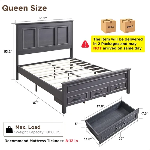 Miniatura 2 de ACCOHOHO Marco de cama tamaño Queen con cabecera de 52 pulgadas de alto, plataforma de madera con estribo y cajones de almacenamiento, no chirridos