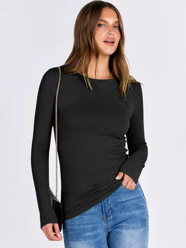 Miniatura 4 de ANRABESS - Camisetas de manga larga para mujer, de punto acanalado, ajustadas, básicas, 2025, informales, para usar a capas o debajo del uniforme