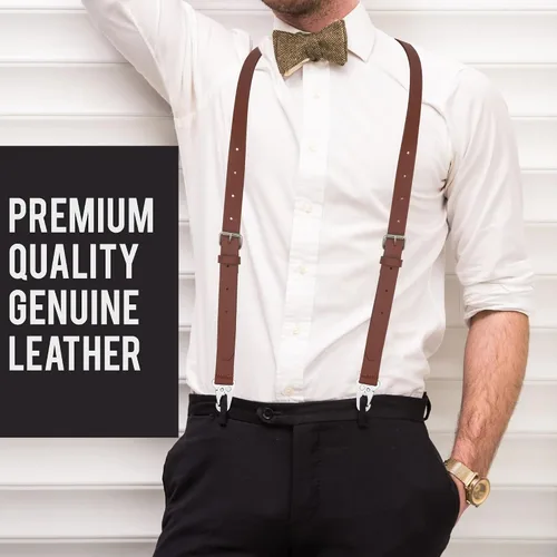 Miniatura 4 de Liguero de cuero genuino para hombre Tirantes de cuero con diseño en Y Regalos de padrinos de boda Liguero ajustable con ganchos Tirantes