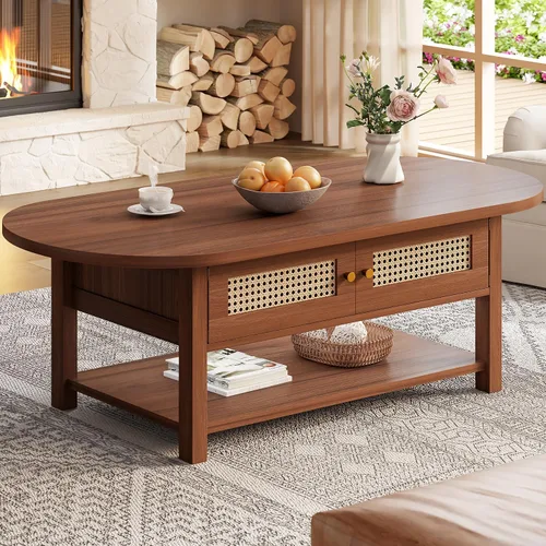 Miniatura 10 de LVB Mesa de centro de ratán, mesa de sala de estar de madera bohemia con almacenamiento, mesa de té de cóctel ovalada moderna de 2 niveles con Roble