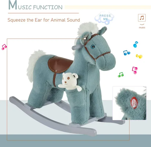 Miniatura 3 de Qaba Caballo mecedor de peluche para niños con juguete de oso, silla para niños con juguete de felpa suave y divertidos sonidos realistas, azul