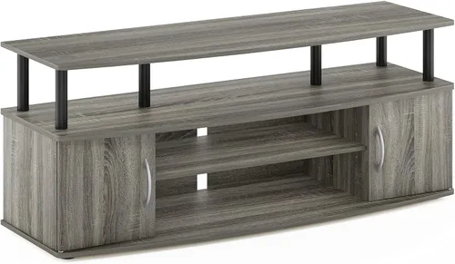 Miniatura 2 de Furinno Jaya - Soporte de entretenimiento grande para TV de hasta 55 pulgadas, roble francés gris/negro, juego de 2 mesas auxiliares, roble francés