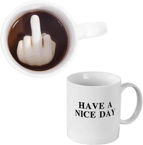 Taza Cloverhome "Have a Nice Day" con dedo en 3D en la parte inferior. Taza de café divertida para hombres y mujeres. Taza de café novedosa para el