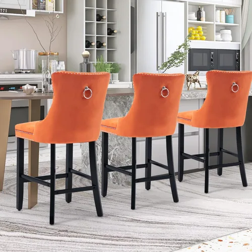 Miniatura 6 de SoarFlash Juego de 2 taburetes de bar tapizados de terciopelo moderno con patas de madera, botones acolchados, cabeza de clavo cromada, asiento