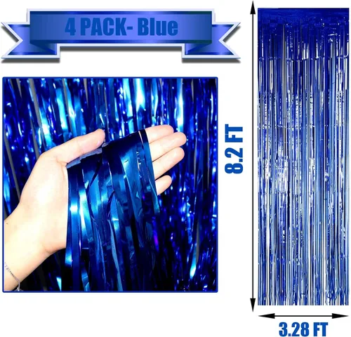 Miniatura 2 de Paquete de 4 Cortinas de Flecos de Papel Aluminio Azul de Fondo, 3.28 Pies x 8.2 Pies Serpentinas Metálicas de Oropel para Fiestas en el Mar