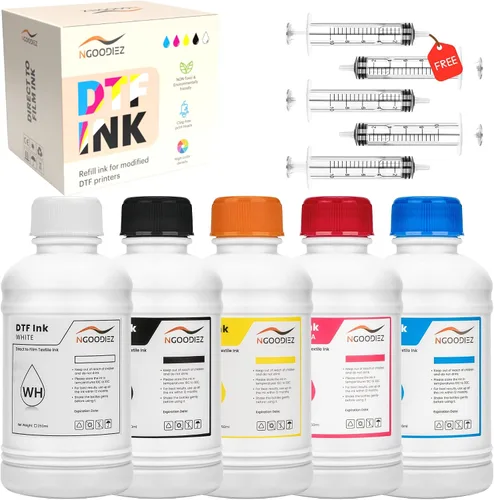 NGOODIEZ DTF Ink Premium 42.3 fl oz (8.5 fl oz x 5) CMYK + Blanco - Recambio de tinta de transferencia directa a película para ET-8550 L1800