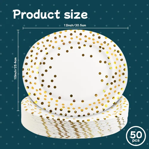 Miniatura 2 de AimFun 50 platos de papel ovalados grandes desechables dorados de lunares dorados de 10 x 12 pulgadas, bandeja decorativa para servir postres