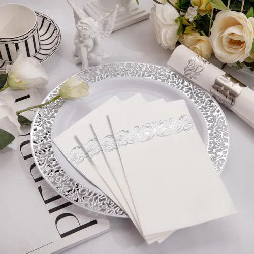 Miniatura 8 de WDF Paquete de 150 servilletas plateadas desechables de papel, servilletas plateadas de 3 capas, servilletas desechables de alta calidad, Blanco