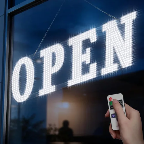 Letrero LED abierto grande de 30" x 10" con control remoto de alta visibilidad para negocios, letrero abierto de 14 modos adecuado para tienda, bar,
