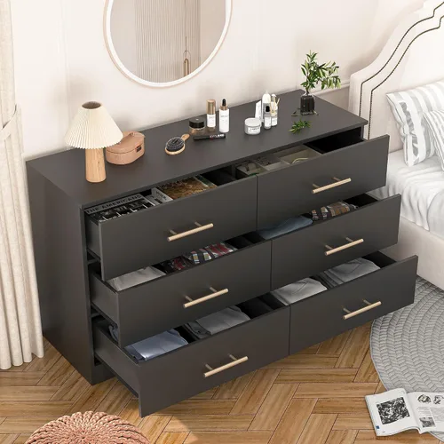 Miniatura 4 de Spaco Cómoda negra para dormitorio, cómoda moderna y grande de 6 cajones con asa dorada, cómoda de almacenamiento, mueble de madera para TV, mueble