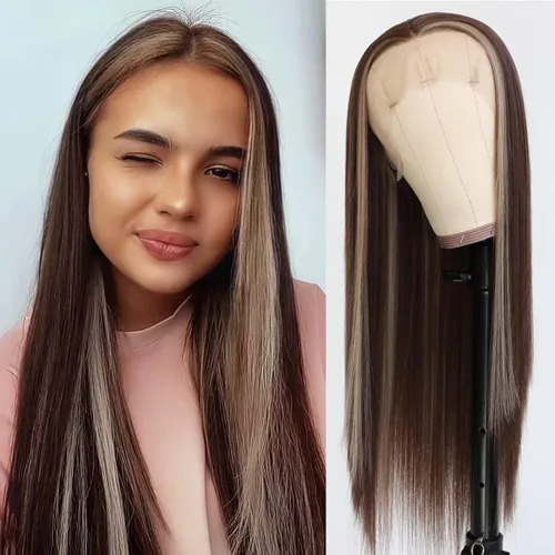 Miniatura 11 de Lovestory Peluca de encaje frontal larga y recta color blanco platino, predepilada, rubio platino, pelucas de encaje frontal sintético para mujeres