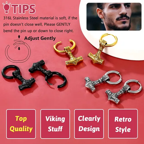 Miniatura 6 de FaithHeart Viking Thors - Aretes de cabeza de martillohachalanza para mujeres y hombres acero inoxidable chapados en oro de 18 quilates joyería