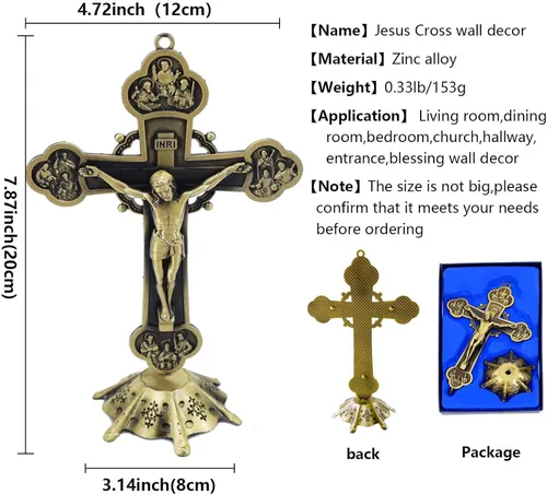 Miniatura 2 de rnuie Cruz de mesa de altar de Jesús, decoración de pared de crucifijo religioso con soporte, adorno cristiano de metal montado en la pared