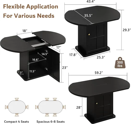 Miniatura 2 de iPormis Mesa de Comedor Redonda Extensible para 4-6, Mesa de Cocina Moderna de 59'', con Estante de Almacenamiento de 2 Niveles, Puerta de Madera