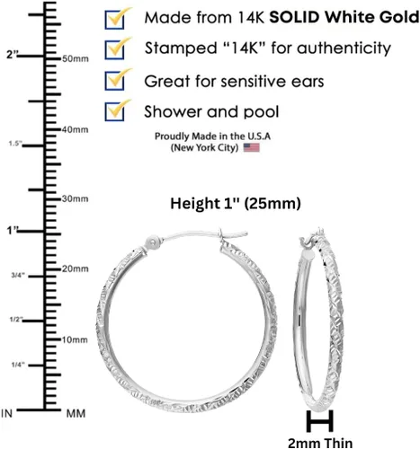 Miniatura 4 de Aretes de aro redondos grabados a mano de oro de 14 quilates con corte de diamante, 1 pulgada de diámetro