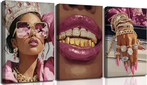 3 piezas de arte de pared de lona rosa para niñas negras, decoración de pared de lujo afroamericana, imágenes de moda moderna para mujer, póster