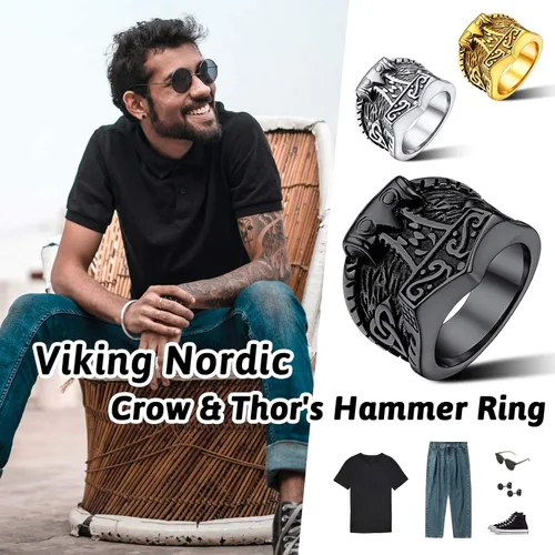 Miniatura 4 de FaithHeart Norse Viking Jewelry - Anillo de acero inoxidable de guerrero para hombre con diseño vikingo de cabeza de lobomartillo de Thor