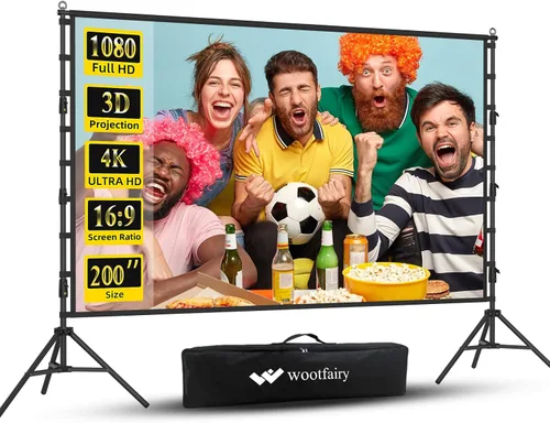 Wootfairy Pantalla de proyector de 200 pulgadas con soporte: pantalla portátil sin arrugas | Foldable 16:9 4K HD Front Rear Projection Movie Screen