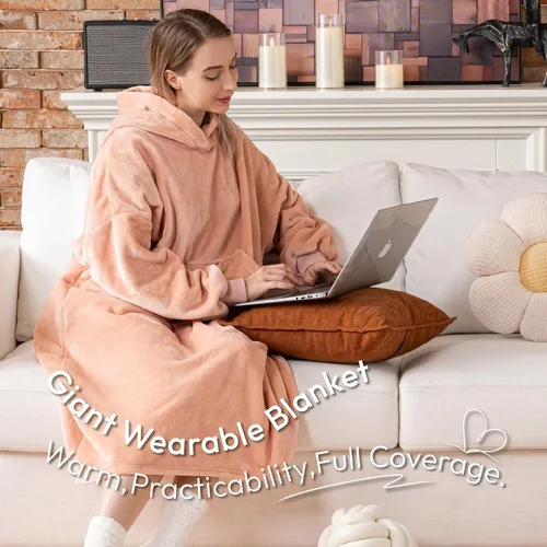 Miniatura 3 de Sioloc - Manta con capucha ponible para mujeres/niños/hombres, sudadera con capucha extragrande y acogedora forrada en sherpa (rosa, larga)