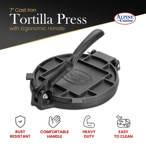 Miniatura 3 de Alpine Cuisine Prensa profesional de tortilla de hierro fundido, fabricante de tortillas de 7 pulgadas, asas cómodas que permiten una presión