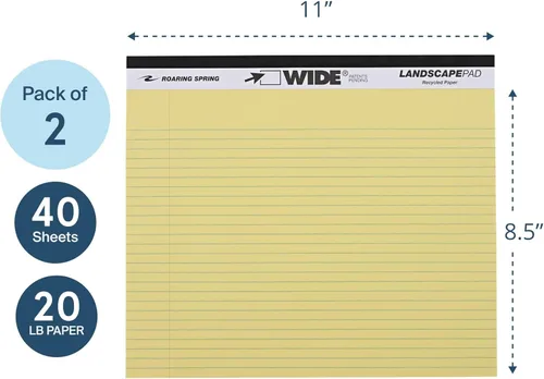 Miniatura 3 de ROARING SPRING Wide Landscape Legal Pad, amarillo canario, 2 blocs, 11 x 9.5 pulgadas, a rayas universitarias con margen, papel reciclado de 20