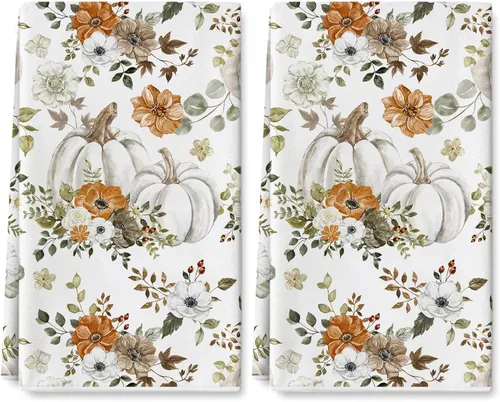 AnyDesign Toalla de cocina de otoño de 18 x 28 pulgadas, acuarela, calabazas blancas, hojas, paño de cocina decorativo de otoño para secado de manos