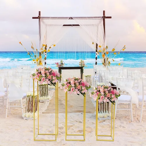Miniatura 5 de LOYALHEARTDY 3 piezas de soporte de flores doradas para boda, jarrón de metal, soporte de columna, jarrón geométrico para centro de mesa, jarrón
