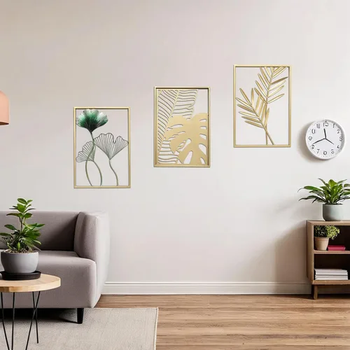Miniatura 5 de SwallowLiving Decoración de Pared Dorada, 3 Piezas de Arte de Pared de Metal para Sala de Estar, Esculturas Modernas Lujosas Decoración del Hogar