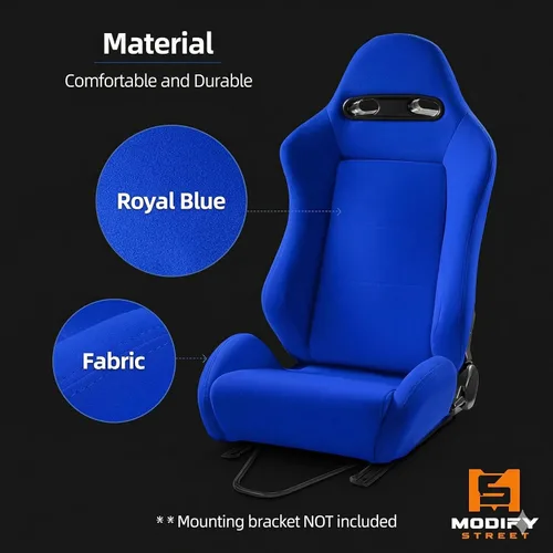 Miniatura 5 de Par de asientos de carreras reclinables clásicos universales de tela azul liso