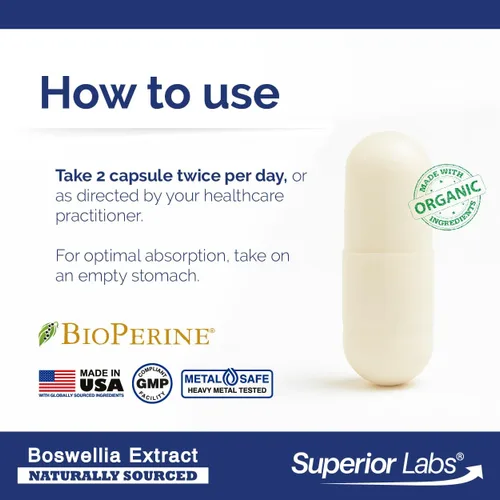 Miniatura 4 de Extracto de Boswellia no sintético. De Superior Labs. Por 0.018 oz y 240 cápsulas vegetales.