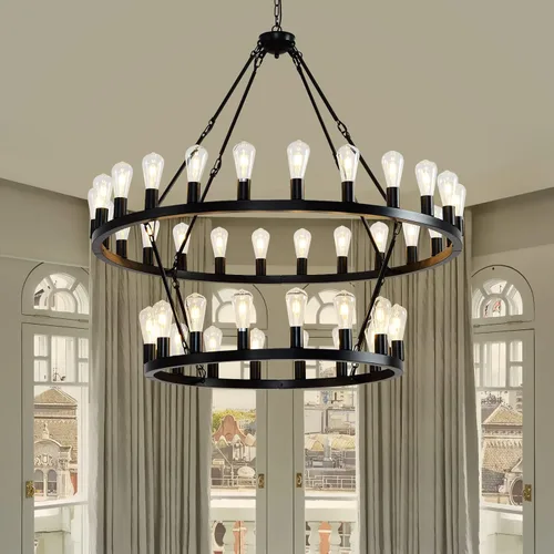 Miniatura 3 de Candelabro negro de 48 pulgadas con rueda de vagón, 2 niveles y 40 luces, estilo granja, industrial, redondo, de techo alto, cadena ajustable