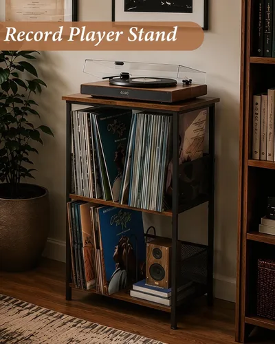Miniatura 9 de Honkazita Soporte para tocadiscos de 3 niveles, almacenamiento de discos de vinilo hasta 200 álbumes, mesa para tocadiscos con parte superior