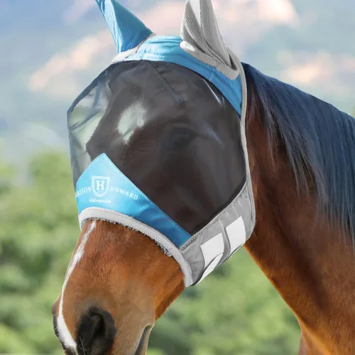 Miniatura 7 de Harrison Howard Máscara de mosca de caballo luminosa profesional estándar con orejas, protección UV, para caballos, azul y plateado, mazorca mediana